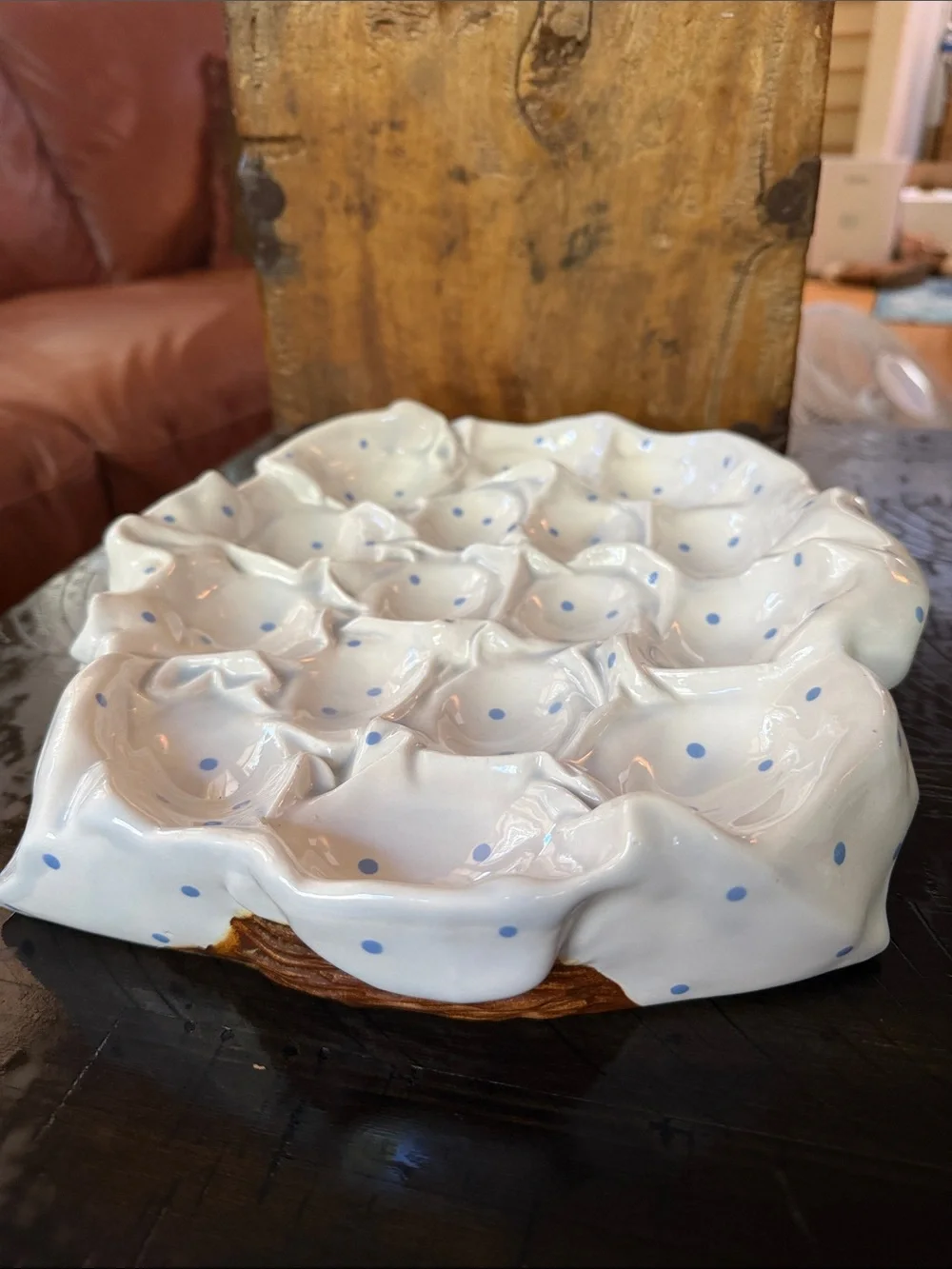 Vintage Ceramic Egg Tray with Blue Polka Dots and Basket motif